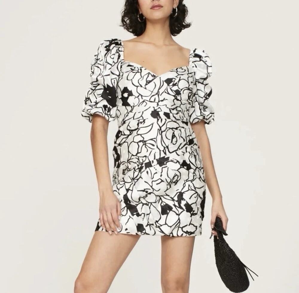 Ronny Kobo Black Floral Mini Dress Size 4 Puff Sleeve Ruche Party Cocktail